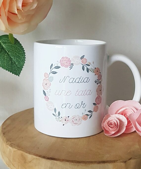 Mug couronne de fleurs verte et rose