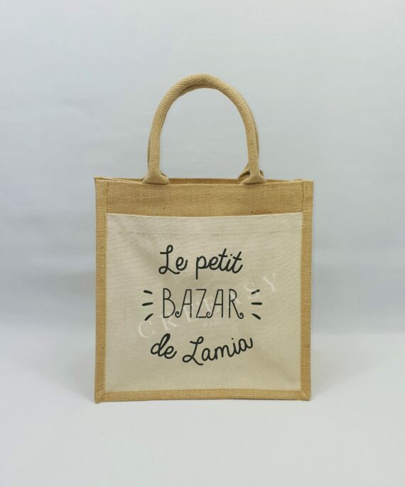 Sac shopping en toile de jute avec poche avant en coton Petit bazar