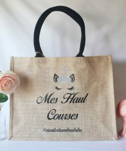 Jute bag, colorful cotton handles Unicorn and message