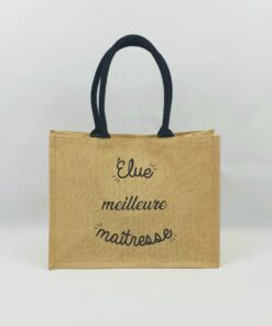 Sac en toile de jute, poignées en coton colorées Élue meilleure maîtresse