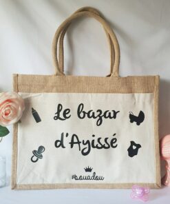 Sac shopping en toile de jute avec poche avant en coton Le bazar de bébé