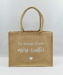 Sac en toile de jute, poignées en coton colorées Mère (veille)