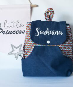 Mini sac à dos wax tissus bleu Prénom