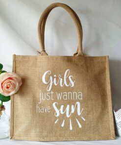 Sac en toile de jute, poignées en coton colorées Girls just wanna have sun