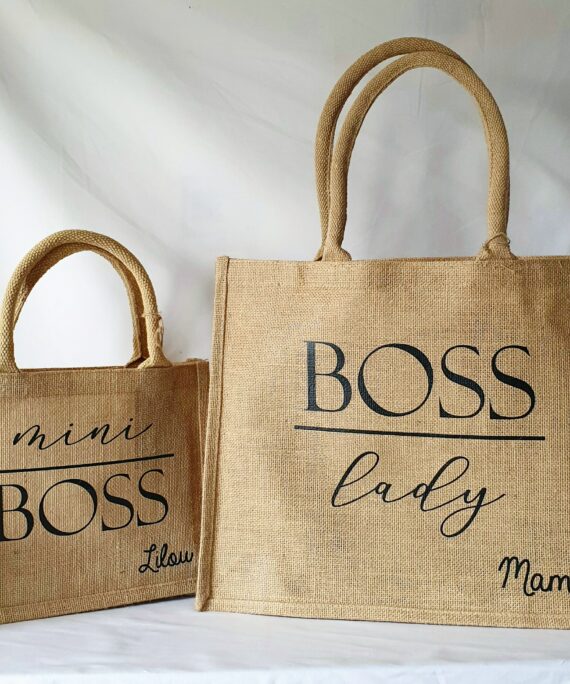 Sac en toile de jute, poignées en coton colorées Boss lady-mini boss