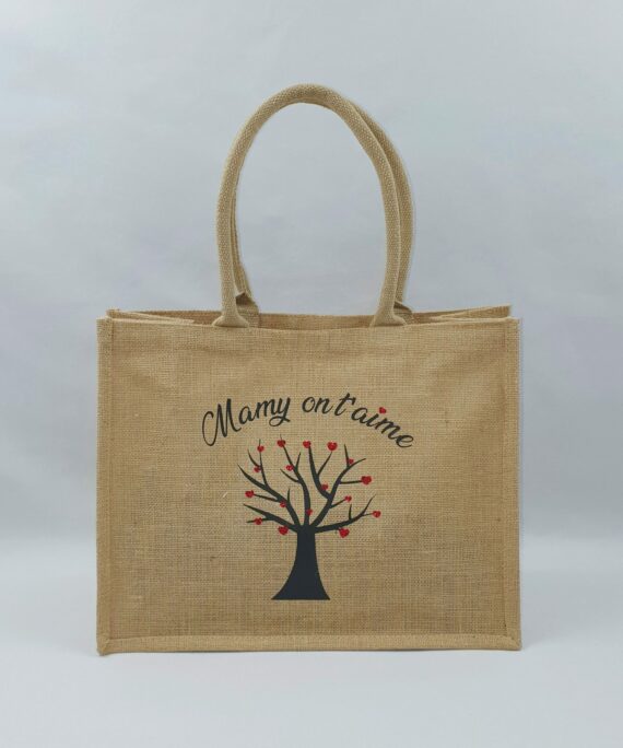 Sac en toile de jute, poignées en coton colorées Arbre et cœurs