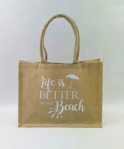Jute bag, coloured cotton handles Life is better at the beach