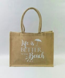 Sac en toile de jute, poignées en coton colorées Life is better at the beach