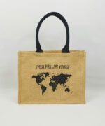 Sac en toile de jute, poignées en coton colorées Carte du monde