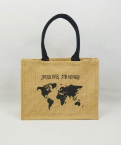 Jute cloth bag, coloured cotton handles World Map