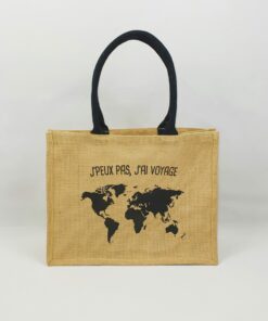 Sac en toile de jute, poignées en coton colorées Carte du monde