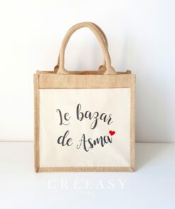 Sac shopping en toile de jute avec poche avant en coton Le baza petit cœur