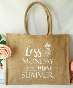 Sac en toile de jute, poignées en coton colorées Less monday more summer