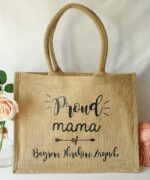 Sac en toile de jute, poignées en coton colorées Proud mama