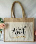 Sac shopping en toile de jute avec poche avant en coton Prénom et liseré 2