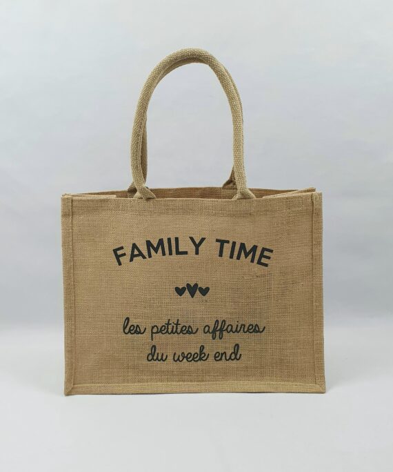 Sac en toile de jute, poignées en coton colorées Family time