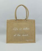 Sac en toile de jute, poignées en coton colorées Life is better at the beach 2