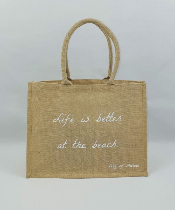 Sac en toile de jute, poignées en coton colorées Life is better at the beach 2