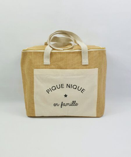 Sac isotherme en jute avec poche extérieure en coton Pique-nique en famille