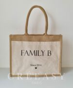 Sac shopping en toile de jute avec poche avant en coton Family et initiales