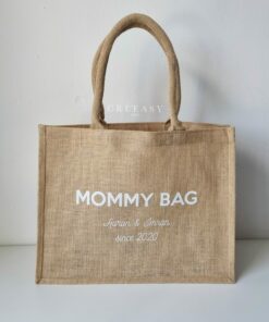 Sac en toile de jute, poignées en coton colorées Mommy bag