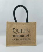 Sac en toile de jute, poignées en coton colorées Queen mama