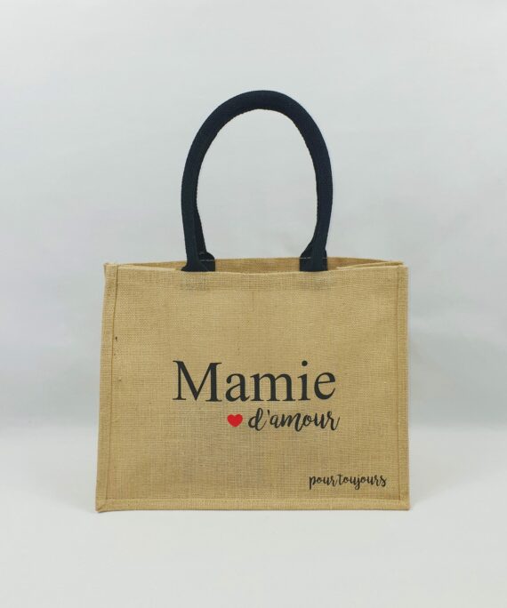 Sac en toile de jute, poignées en coton colorées Amour pour toujours