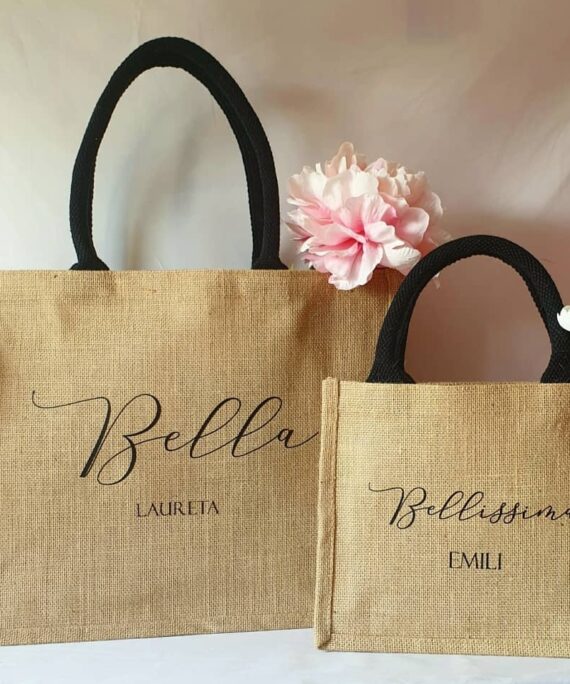 Sac en toile de jute, poignées en coton colorées Bella-Bellissima