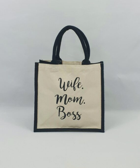 Sac en toile de jute et coton bicolore Wife Mom Boss