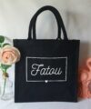Sac en toile de jute noir Prénom encadré