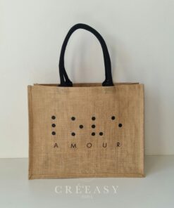 Sac en toile de jute, poignées en coton colorées Amour en braille