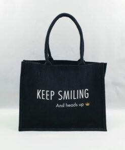 Sac en toile de jute noir Keep smiling