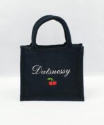 Sac en toile de jute noir Cerises + Prénom