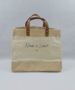 Sac en jute et coton, anses en cuir Prénom et petit coeur