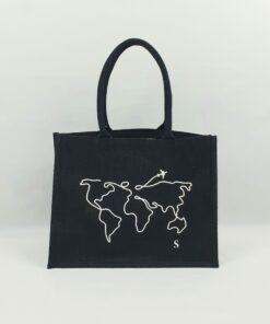 Sac en toile de jute noir Carte du monde 2