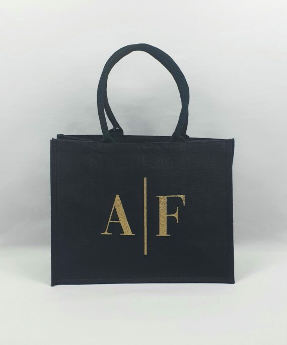 Sac en toile de jute noir Initiales