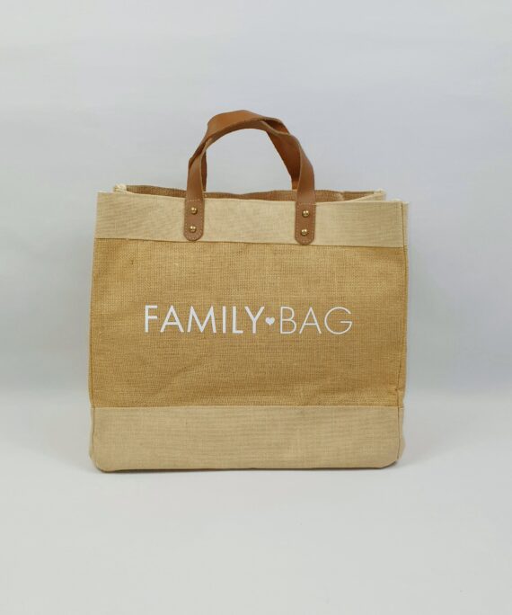 Sac en jute et coton, anses en cuir Family bag