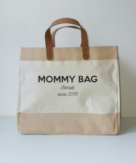 Sac en jute et coton, anses en cuir Mommy bag