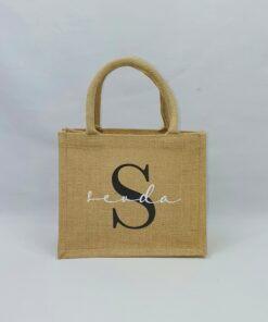 Sac en toile de jute, poignées en coton colorées Prénom et Initiale