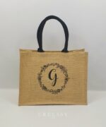 Sac en toile de jute, poignées en coton colorées Couronne de fleurs et Initiale