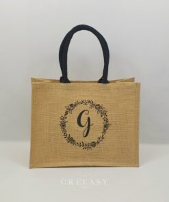 Sac en toile de jute, poignées en coton colorées Couronne de fleurs et Initiale