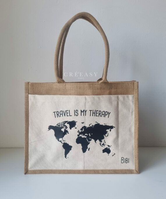 Sac shopping en toile de jute avec poche avant en coton Carte du monde