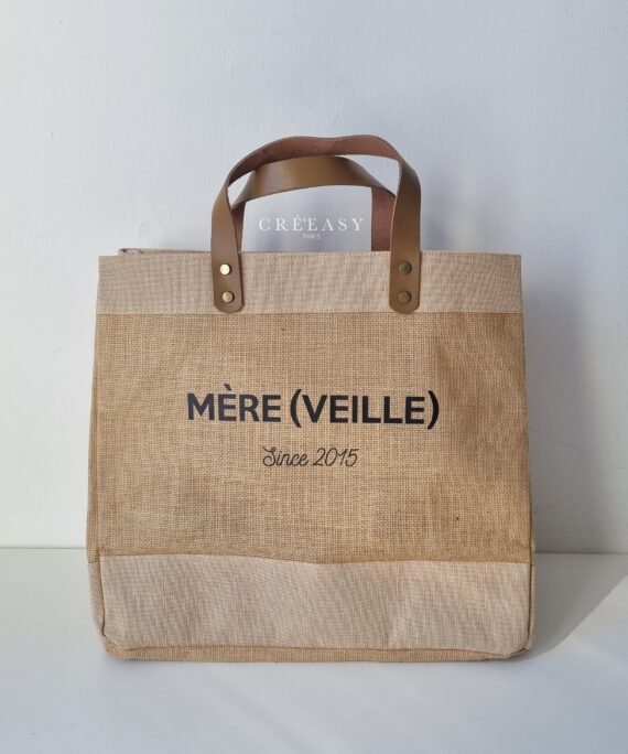 Sac en jute et coton, anses en cuir Mommy bag - Mère (veille)