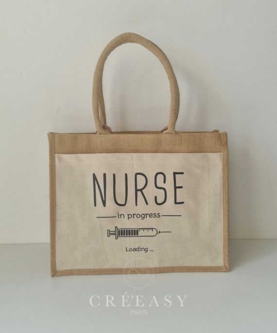 Sac shopping en toile de jute avec poche avant en coton Nurse in progress