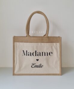 Sac shopping en toile de jute avec poche avant en coton Madame