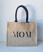 Sac en toile de jute, poignées en coton colorées Mom