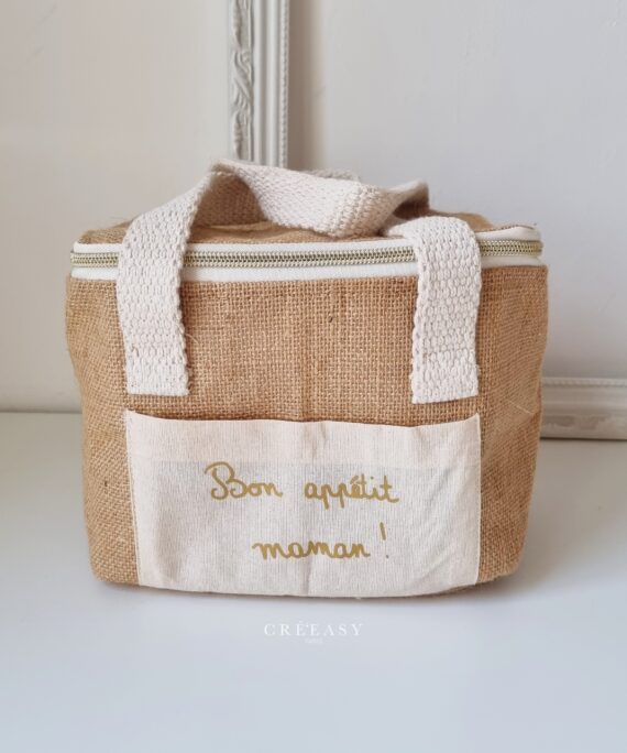 Sac isotherme en jute avec poche extérieure en coton Bon appetit maman !